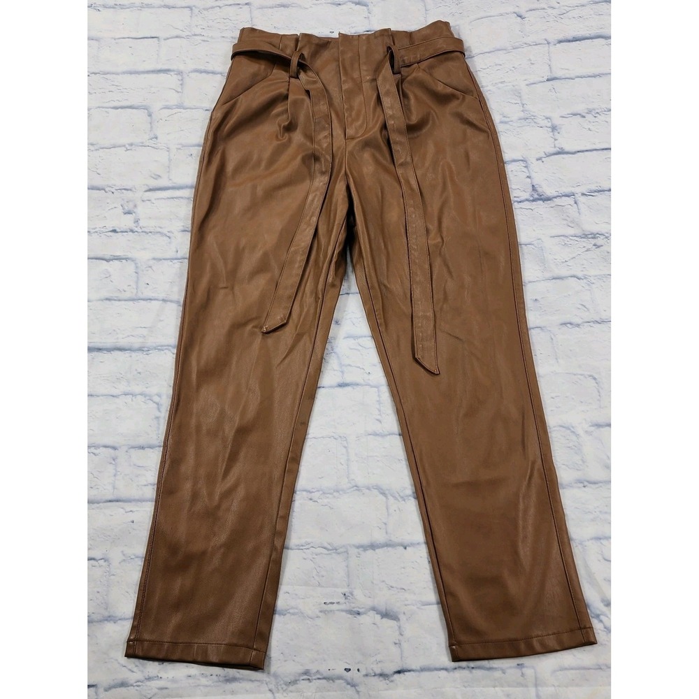 Lucy Paris Pants WOMENS SIZE M Faux Leather Brown Belted High Waist Tie